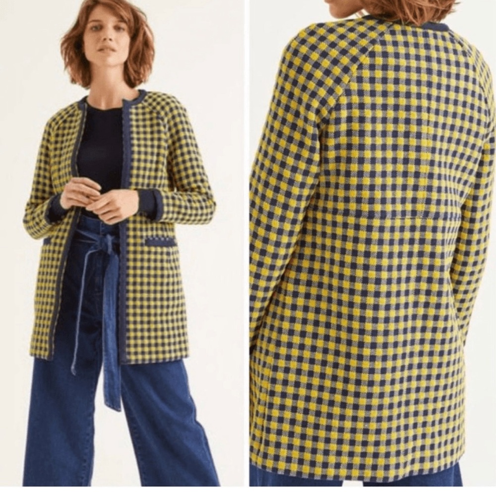 NEW Boden Eliot Tweed Yellow & Blue Checkered Long Line Open Blazer, Size 10